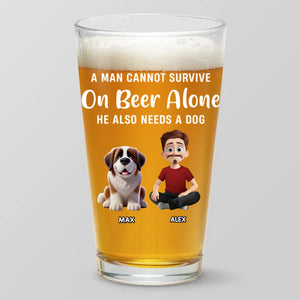 Un homme ne peut pas survivre avec seulement du whisky ! Verre à bière personnalisé avec chien ! Cadeau pour les propriétaires et les amoureux des animaux.