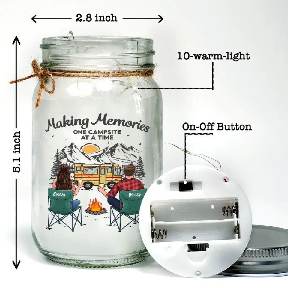 Créer des souvenirs ensemble, côte à côte - Lampe de camping personnalisée en pot Mason - Cadeau pour couple, mari, femme, amoureux du camping