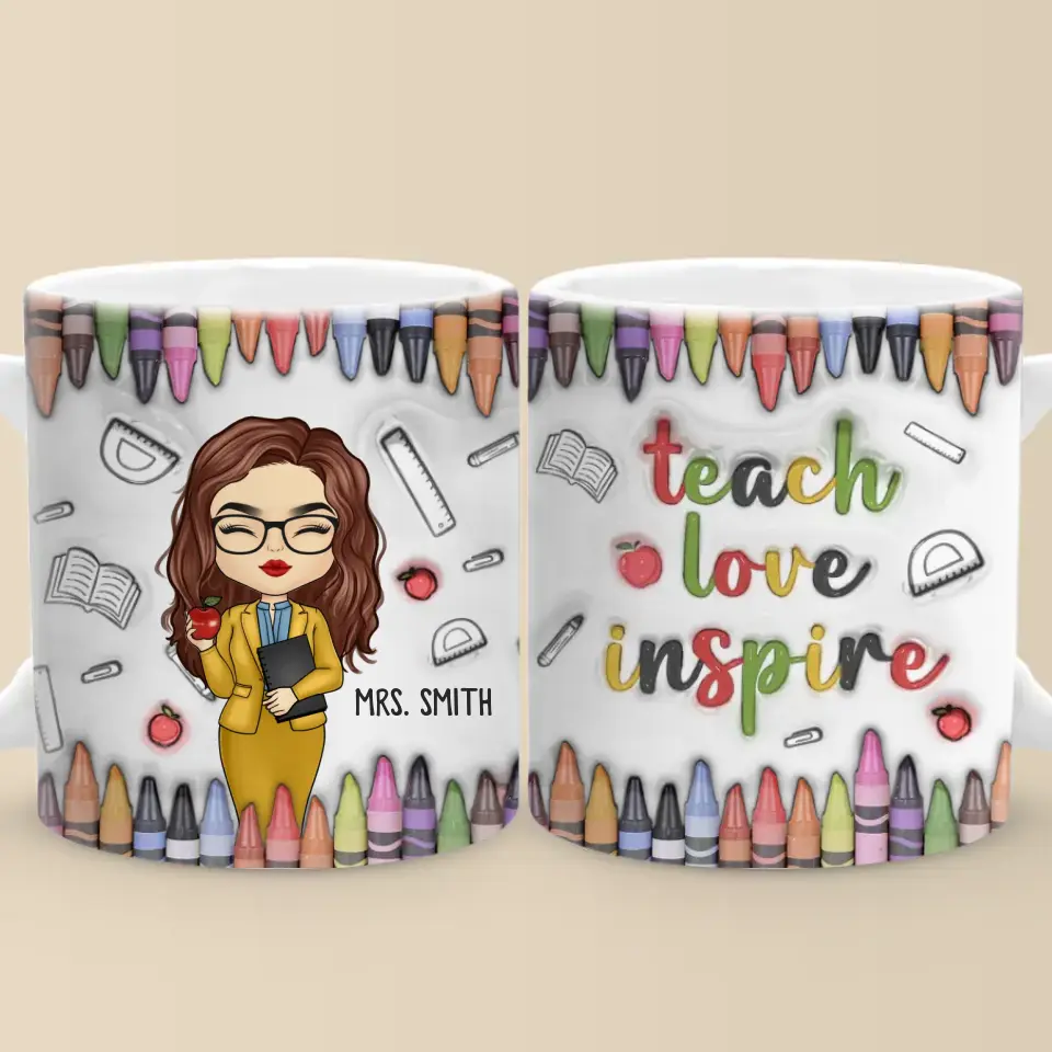 Enseigner, aimer, inspirer - Mug personnalisé avec effet gonflé 3D - Cadeau pour enseignant