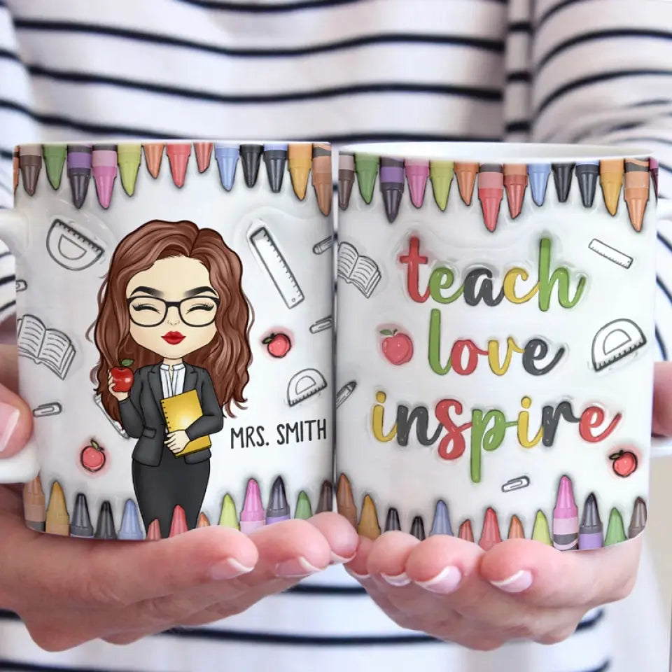 Enseigner, aimer, inspirer - Mug personnalisé avec effet gonflé 3D - Cadeau pour enseignant