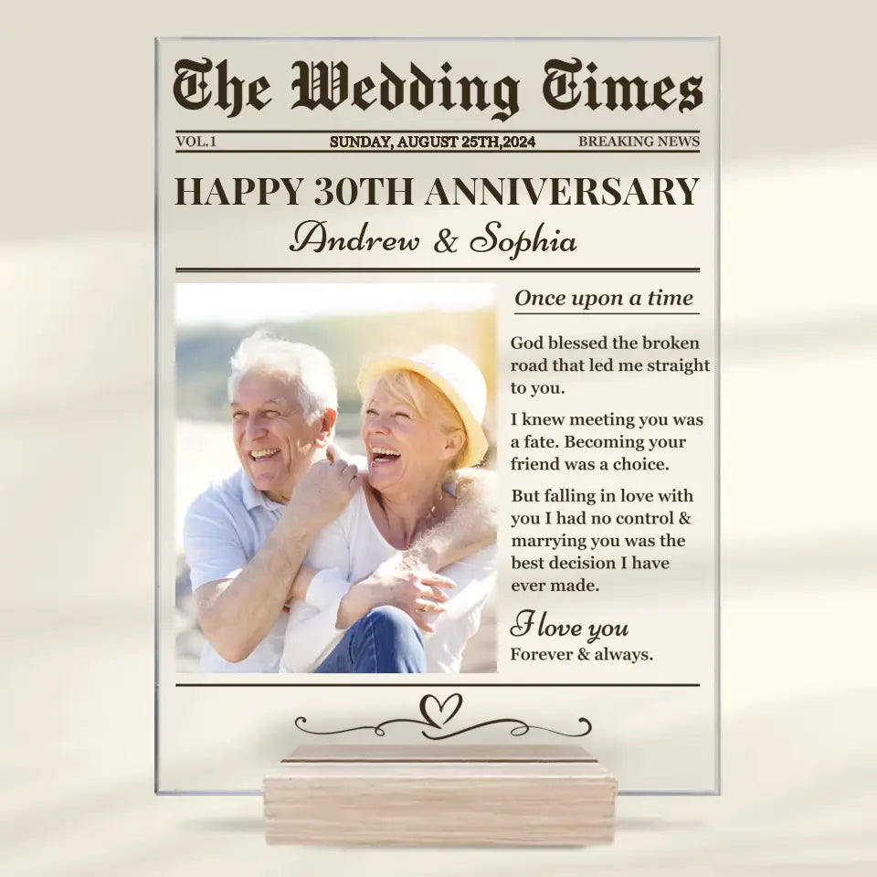 Photo personnalisée The Wedding Times - Plaque rectangulaire en acrylique personnalisée pour couple - Cadeau pour mari et femme, anniversaire