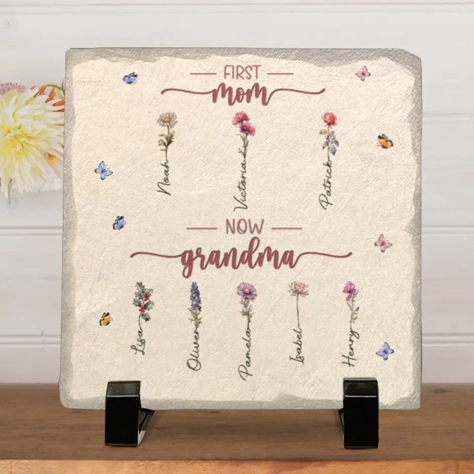 D'abord maman, maintenant grand-mère - Pierre carrée personnalisée avec support - Cadeau pour maman et grand-mère