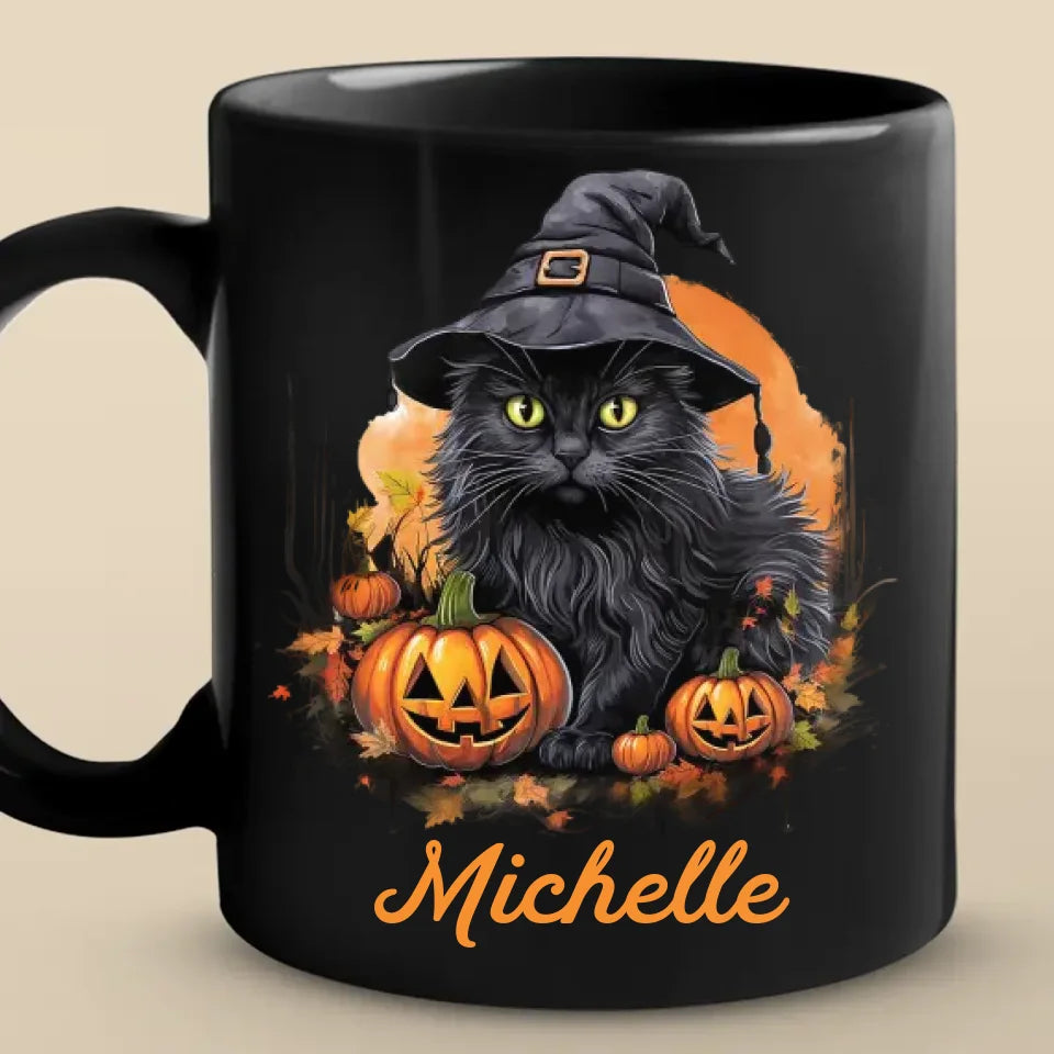 Moustaches de sorcière et ronronnements effrayants - Mug noir personnalisé chat - Cadeau d'Halloween pour propriétaires et amoureux des animaux