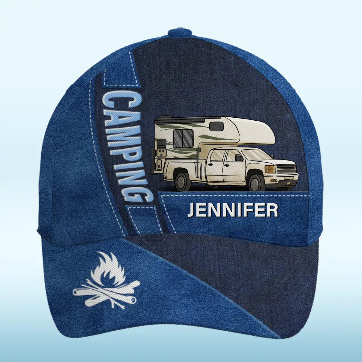 Créez des souvenirs au camping ! Casquette personnalisée, imprimé intégral, cadeau idéal pour les amateurs de camping.