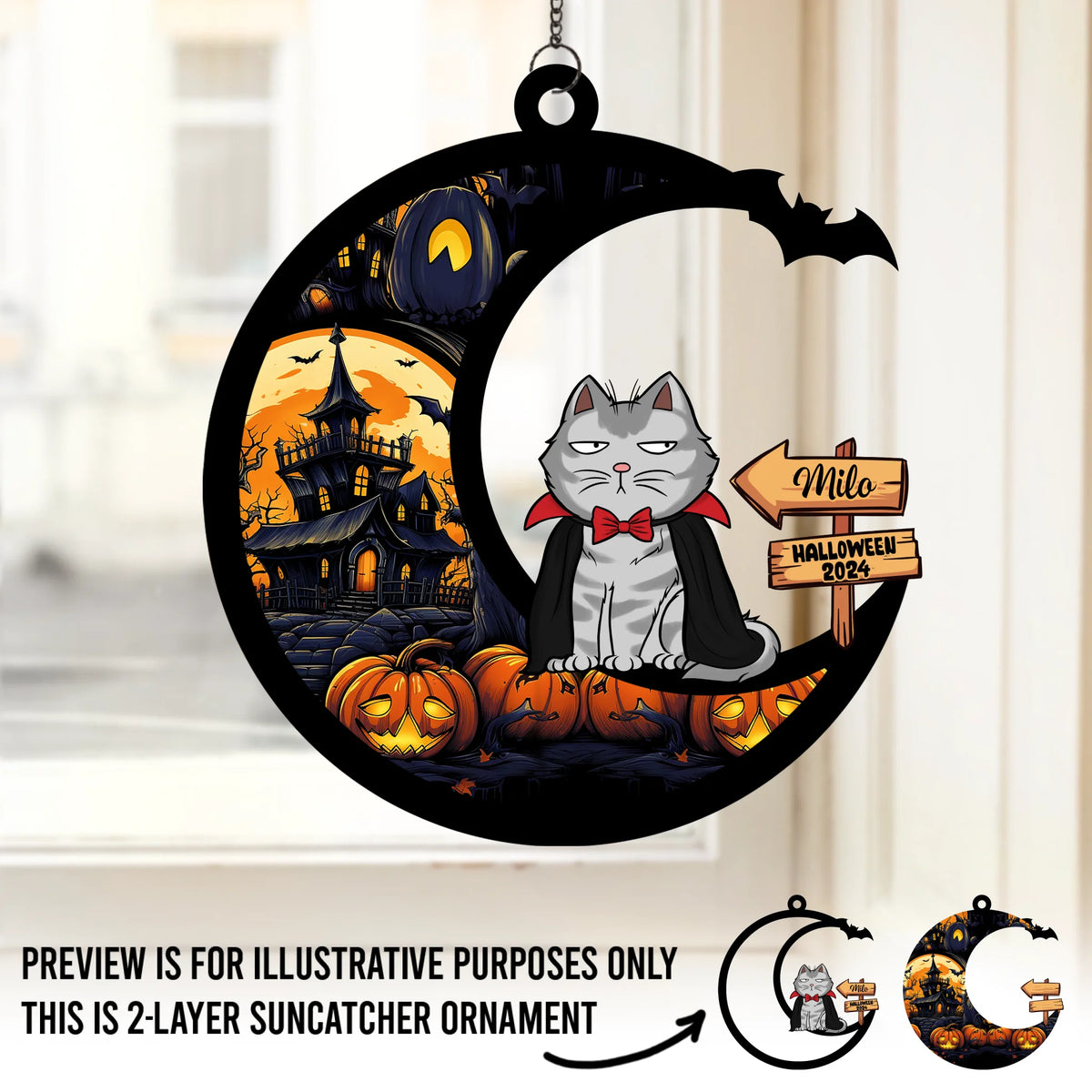 Miaou, ça se dit « bouh » en langage félin ! Attrape-soleil personnalisé pour fenêtre ! Cadeau d'Halloween pour les propriétaires et les amoureux des animaux.