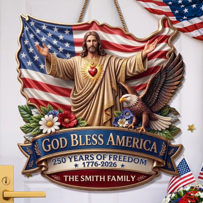 Custom Wood Sign - Personalized America 250th Anniversary Gifts For Mom, Dad, Brother, Sister, Kids - God Bless America