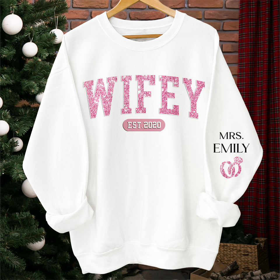 Mrs Est - Couple Personalized Custom Unisex Sweatshirt With Design On Sleeve - Gift For Husband Wife, Anniversary