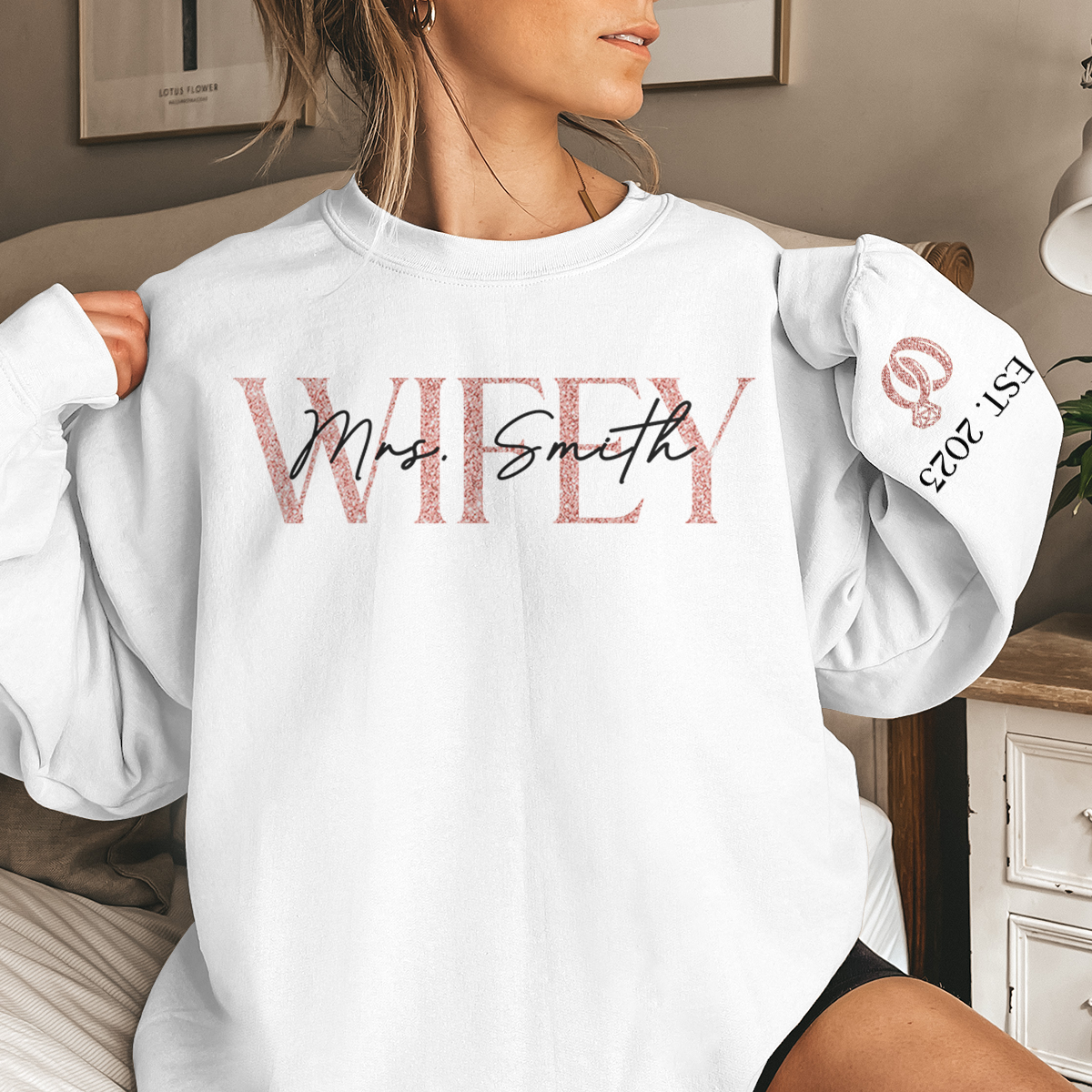 Custom Unisex Sweatshirt, Hoodie With Design On Sleeve - Personalized Gifts For Husband And Wife, Him And Her - The Love Of My Life My Wifey