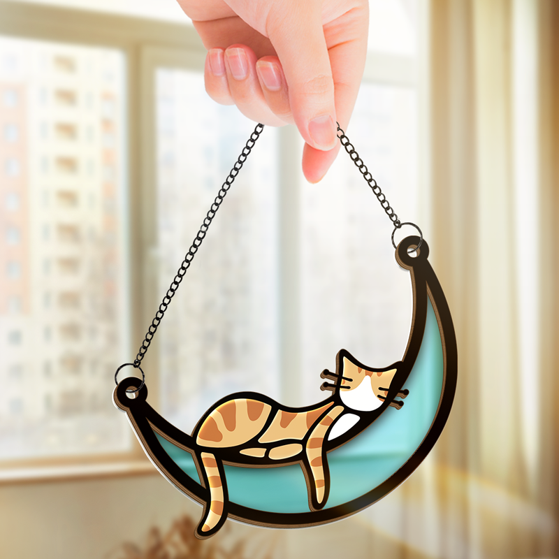 Je ne suis pas paresseux, je suis juste très détendu - Attrape-soleil personnalisé pour fenêtre en forme de chat - Cadeau pour les propriétaires d'animaux et les amoureux des animaux