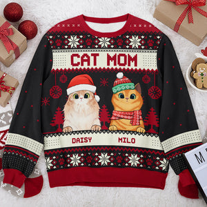 Cat Mom Cat Dad Merry Christmas - Personalized Custom Unisex Ugly Christmas Sweatshirt, Wool Sweatshirt, All-Over-Print Sweatshirt - Gift For Cat Lovers, Pet Lovers, Christmas New Arrival Gift