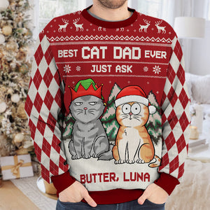 Best Cat Dad Ever Just Ask - Cat Personalized Custom Ugly Sweatshirt - Unisex Wool Jumper - Christmas Gift For Pet Owners, Pet Lovers