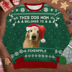 This Dog Mom Belongs To - Personalized Custom Unisex Ugly Christmas Sweatshirt, Wool Sweatshirt, All-Over-Print Sweatshirt - Upload Image, Gift For Dog Lovers, Pet Lovers, Christmas Gift