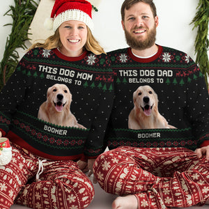 This Dog Dad Belongs To - Personalized Custom Unisex Ugly Christmas Sweatshirt, Wool Sweatshirt, All-Over-Print Sweatshirt - Upload Image, Gift For Dog Lovers, Pet Lovers, Christmas Gift