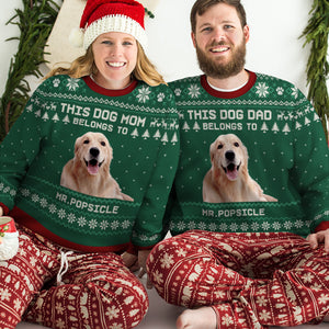 This Dog Mom Belongs To - Personalized Custom Unisex Ugly Christmas Sweatshirt, Wool Sweatshirt, All-Over-Print Sweatshirt - Upload Image, Gift For Dog Lovers, Pet Lovers, Christmas Gift