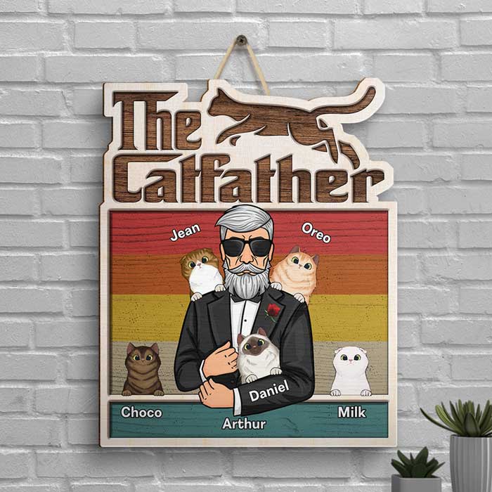 The Catfather - Personalized Shaped Wood Sign - Gift For Dad