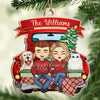 A Happy Couple & Their Dogs Are Sitting On The Back Of A Red Truck - Couple Personalized Custom Ornament - Wood Unique Shaped - Christmas Gift For Husband Wife, Anniversary, Pet Lovers, Pet Owners