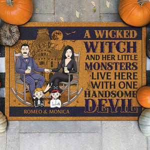 A Wicked Witch & A Handsome Devil Live Here With Their Lil Monsters - Personalized Decorative Mat - Gift For Couple, Husband Wife, Halloween Gift
