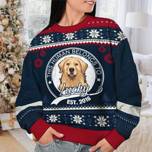 This Human Belongs To - Personalized Custom Unisex Ugly Christmas Sweatshirt, Wool Sweatshirt, All-Over-Print Sweatshirt - Upload Image, Gift For Dog Lovers, Pet Lovers, Christmas Gift