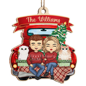 A Happy Couple & Their Dogs Are Sitting On The Back Of A Red Truck - Couple Personalized Custom Ornament - Wood Unique Shaped - Christmas Gift For Husband Wife, Anniversary, Pet Lovers, Pet Owners