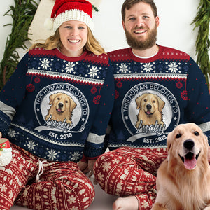 This Human Belongs To - Personalized Custom Unisex Ugly Christmas Sweatshirt, Wool Sweatshirt, All-Over-Print Sweatshirt - Upload Image, Gift For Dog Lovers, Pet Lovers, Christmas Gift