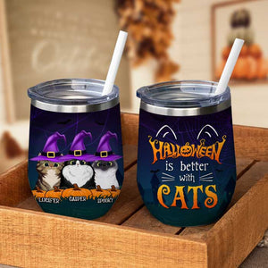 Life Is Better With Cats Halloween - Personalized Wine Tumbler.