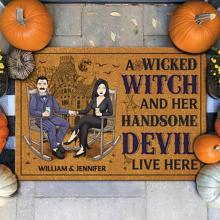 A Wicked Witch & Her Handsome Devil Live Here - Personalized Decorative Mat - Gift For Couple, Husband Wife, Halloween Gift
