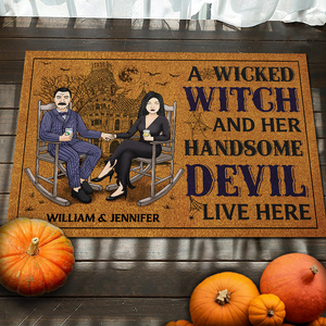 A Wicked Witch & Her Handsome Devil Live Here - Personalized Decorative Mat - Gift For Couple, Husband Wife, Halloween Gift