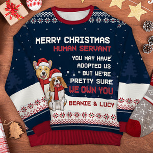 Merry Christmas Human Servant - Personalized Custom Unisex Ugly Christmas Sweatshirt, Wool Sweatshirt, All-Over-Print Sweatshirt - Gift For Dog Lovers, Pet Lovers, Christmas Gift
