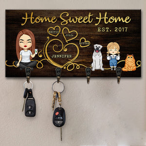 Home Sweet Home Single Parent With Kids & Pets - Personalized Custom Key Hanger, Key Holder - Gift For Family, Gift For Pet Lovers