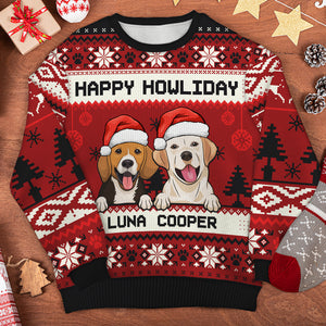 Merry Christmas, Happy Howliday - Personalized Custom Unisex Ugly Christmas Sweatshirt, Wool Sweatshirt, All-Over-Print Sweatshirt - Gift For Dog Lovers, Pet Lovers, Christmas Gift