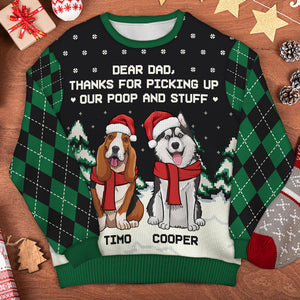 Thanks For Picking Up Our Poop And Stuff - Personalized Custom Unisex Ugly Christmas Sweatshirt, Wool Sweatshirt, All-Over-Print Sweatshirt - Gift For Dog Lovers, Pet Lovers, Christmas Gift