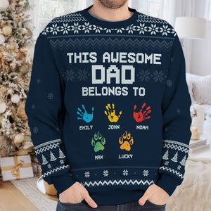 This Awesome Dad Belongs To - Personalized Custom Unisex Ugly Christmas Sweatshirt, Wool Sweatshirt, All-Over-Print Sweatshirt -  Gift For Dad, Christmas Gift