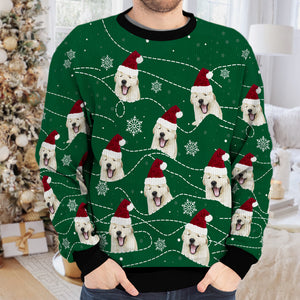 Enjoy Christmas With Your Pet Green Style With Little Snowflakes - Dog & Cat Personalized Custom Ugly Sweatshirt - Unisex Wool Jumper - Upload Image, Christmas Gift For Pet Owners, Pet Lovers