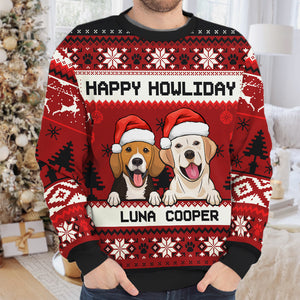 Merry Christmas, Happy Howliday - Personalized Custom Unisex Ugly Christmas Sweatshirt, Wool Sweatshirt, All-Over-Print Sweatshirt - Gift For Dog Lovers, Pet Lovers, Christmas Gift