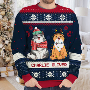 Christmas Cats - Personalized Custom Unisex Ugly Christmas Sweatshirt, Wool Sweatshirt, All-Over-Print Sweatshirt - Gift For Cat Lovers, Pet Lovers, Christmas Gift