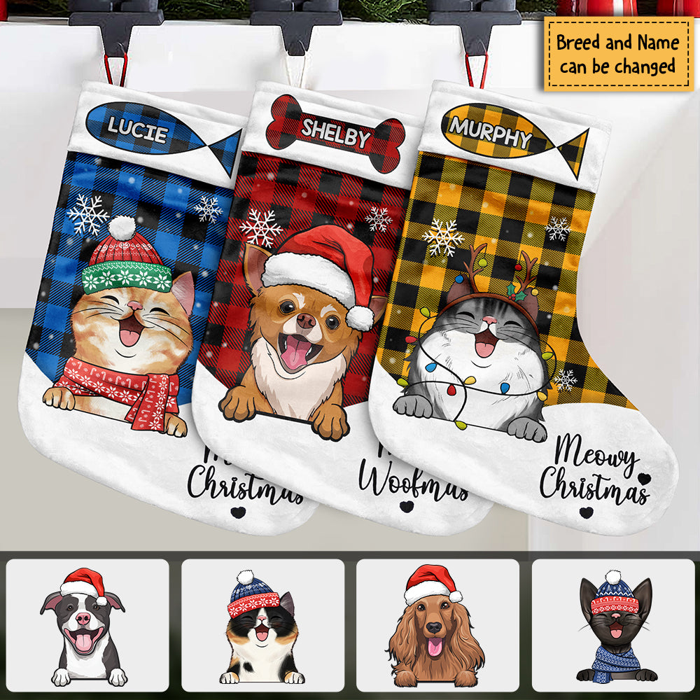 Meowy Christmas & Merry Woofmas - Christmas Dogs & Smiling Cats - Personalized Christmas Stocking.